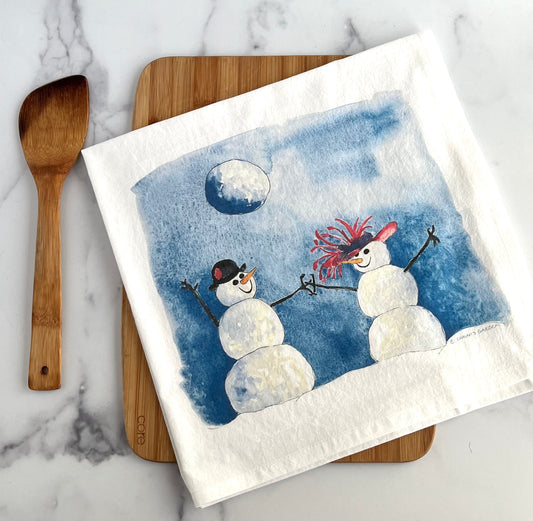 Snowman, Snow Couple Flour Sack Tea Towel